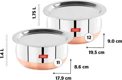 Vista 4 de Sumeet Forma de vientre inferior de cobre de acero inoxidable 2 piezas Tope/Cookware/Pot Set con tapa 1.4Ltr, 1.75Ltr (Plata)