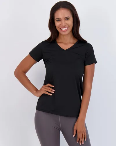 Vista 2 de Paquete de 5unidades camisetas de manga corta para mujer, con cuello en V, tela Dry-Fit que absorbe la humedad, para yoga (disponible en extragrande)