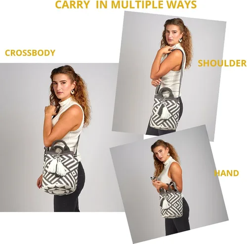 Vista 2 de Mochila colombiana Wayuu, 100 % auténtica, diseño minimalista bohemio, tejido a mano, ganchillo, bolsa cruzada para mujer, Marrón, beige, negro.