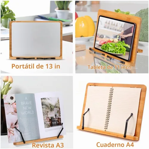 Vista 5 de MEGREZ Soporte de libro para lectura (13.2 x 9.4 pulgadas) Soporte de bambú para libros de cocina para cocina, soporte ajustable para tableta/libro