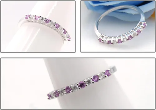 Vista 2 de Dazzlingrock Collection Anillo de boda apilable de oro de 10 quilates con diamante blanco redondo y zafiro rosa para mujer