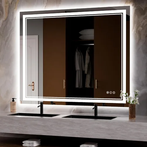 Vista 52 de Espejo de baño LED de 24 x 28 pulgadas, luz frontal y retroiluminada, antiniebla, regulable, espejo de tocador iluminado con memoria, espejo LED