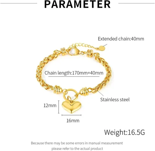 Vista 4 de BG&WLing Pulsera chapada en oro de 14 quilates con dije de corazón para mujer, acero inoxidable, cadena de corazón, pulsera de oro duradera