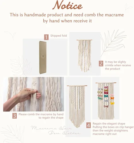 Vista 5 de Mkono Organizador de lazos de macramé para niñas, colgante para lazos de pelo, organizador de lazos Boho para pared, soporte para diademas