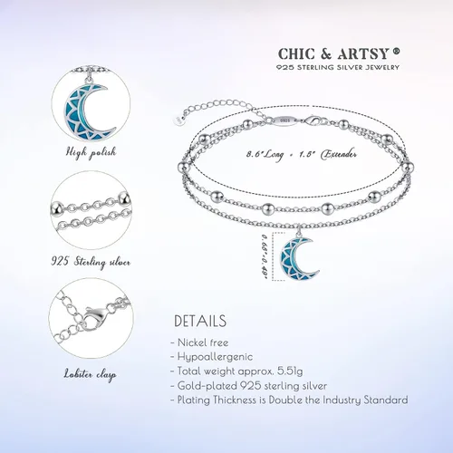 Vista 65 de CHIC & ARTSY Tobilleras delicadas de plata de ley S925 para verano, pulsera de tobillo ajustable multicapa para playa, joyería de pie para mujer