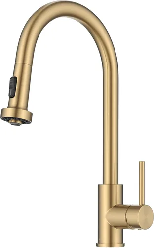 Vista 28 de KRAUS Bolden - Grifo de cocina de estilo comercial con mango individual de dos funciones desplegable en bronce champán antiguo libre de manchas