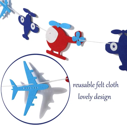 Vista 4 de Cartel de cumpleaños de avión y decoración de guirnalda para aviador, aviación, fiesta temática de cumpleaños, pancarta de fieltro con purpurina