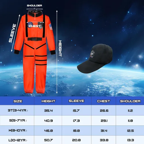 Vista 4 de Fooecor Disfraz de astronauta para niños, traje espacial de Halloween con mono y gorra incluidos (naranja)