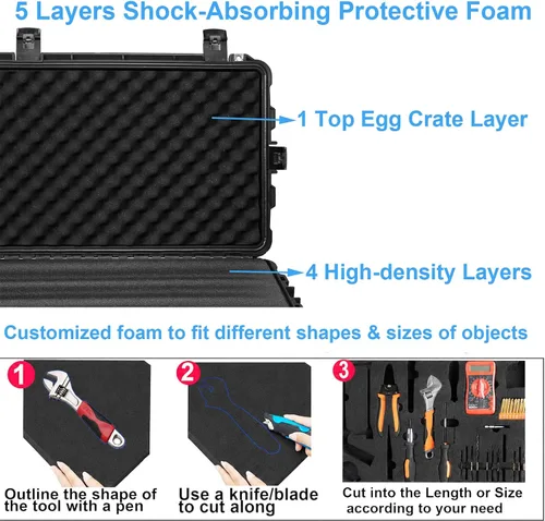 Vista 11 de Regetek Funda impermeable con ruedas de 53.5 x 16.5 x 10.5 pulgadas, con espuma/ruedas/3 asas grandes para cámara, herramienta, equipo, IP67, a
