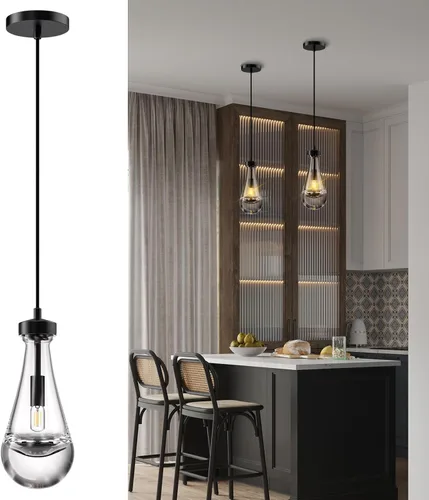 Vista 12 de Juego de 2 luces colgantes de gota de lluvia, lámparas colgantes para isla de cocina, lámpara de cristal sólido transparente con forma de gota