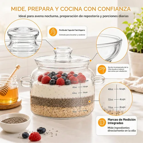 Vista 4 de Olla de vidrio de 3.2 cuartos de galón con tapa y marcas de medición