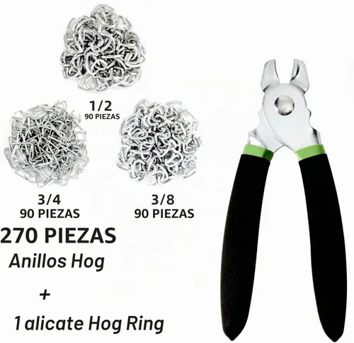 Vista 2 de Kit de Alicates para Anillas de Cerdo con 270 Piezas de Anillas de Cerdo de Acero Galvanizado de 3/4", 1/2", 3/8", Kit de Alicates Rectos para Verde