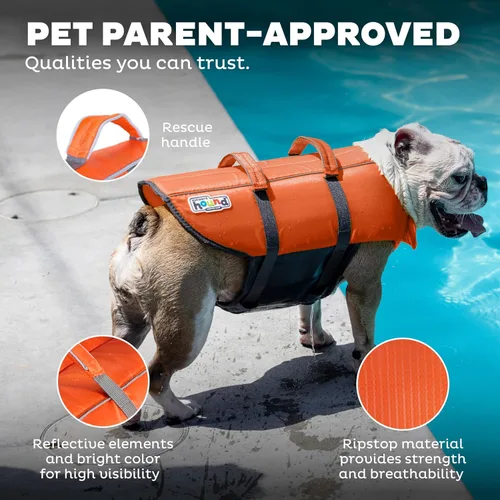 Vista 5 de Outward Hound - Chaqueta salvavidas para perros Max Buoyancy, Adjustable Fit, Head/Neck Support, Rescue Handle, Reflective, Swimming & Boating