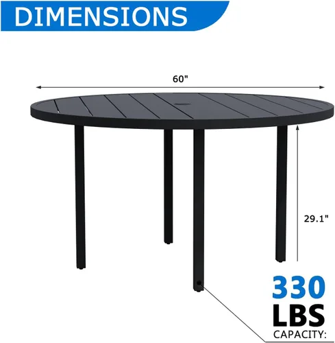 Vista 3 de 60" Round Outdoor Patio Table for 8, Metal Black Dining Table with Adjustable Umbrella Hole, Garden, Backyard & Deck Bistro Table