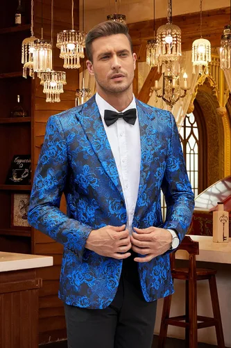 Vista 4 de COOFANDY Chaqueta de esmoquin floral para hombre, chaqueta de traje con bordado de rosas, para boda, baile de graduación, cena y fiesta