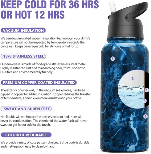 Vista 3 de THILY - Botella de agua deportiva aislada al vacío – Botella de agua de acero inoxidable de 32 onzas a prueba de fugas de boca ancha con tapa Mar