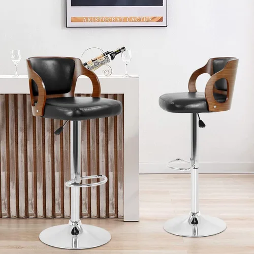 Vista 2 de Juego de 2 taburetes de bar modernos con altura de haya, taburete ajustable con respaldo, taburete giratorio de piel sintética con base resistente