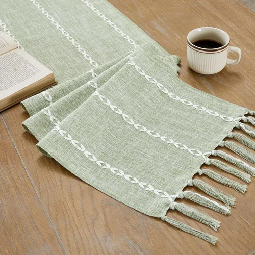 Vista 3 de Wracra Camino de mesa de lino rústico estilo granja, camino de mesa bordado de 36 pulgadas de largo con borlas a mano para fiestas, decoración