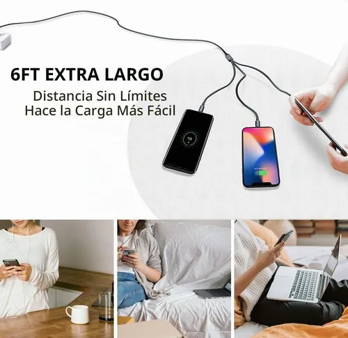 Vista 2 de Puxnoin Cable de carga múltiple, paquete de 2 cables de carga múltiple universal 3 en 1, cable USB múltiple de carga rápida con tipo C, conectores