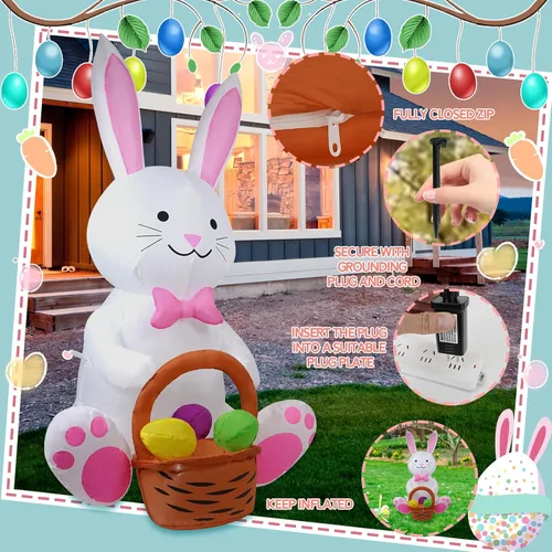 Vista 2 de [Usado] Conejo de 5 pies con una cesta de flores, decoración inflable de Pascua para patio, conejo de Pascua inflable con cesta iluminada