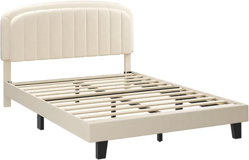 Vista 8 de Cozy Castle Base de cama tamaño Full, plataforma tapizada con cabecera curvada ajustable de terciopelo, base de colchón con listones de madera Crema