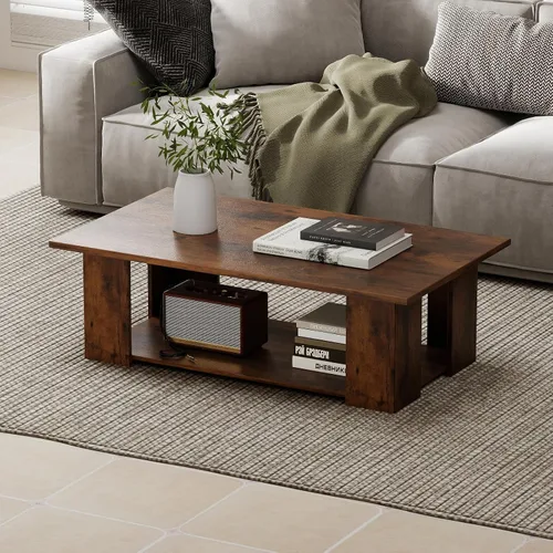 Vista 10 de Giantex Mesa central rectangular de madera, mesa de té moderna grande de 41 pulgadas y 2 niveles con compartimento abierto, fácil montaje, mesa