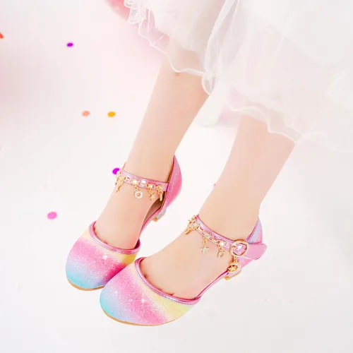 Vista 8 de Furdeour Zapatos de vestir para niñas, zapatos de princesa con tacón alto de cristal, puntera cerrada, fiesta, boda, flores, zapatos para niñas