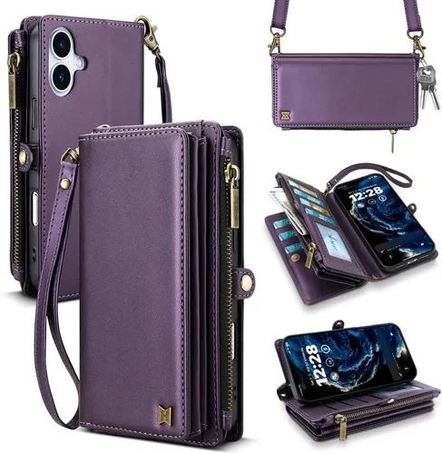 Vista 11 de Funda tipo cartera para iPhone 16 Pro Max con 8 tarjeteros, bloqueo RFID, piel sintética, función atril, abatible, correa de muñeca y correa