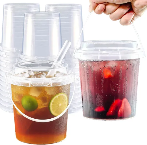 Vista 9 de Juego de 20 mini cubos para bebidas de 16 onzas, vasos de plástico transparente con tapas y pajitas, vasos desechables para bebidas frías, café