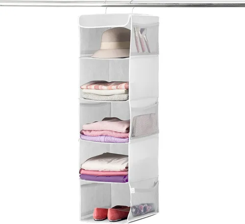 Vista 10 de Zober, ordenador colgante de 5 estantes y 6 bolsillos laterales mallados. Fabricado con polipropileno. Ordenador de armario para guardar ropa y Gris
