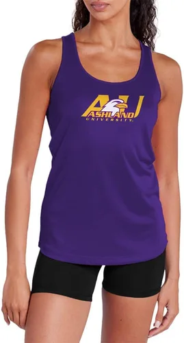 Vista 45 de Camiseta deportiva sin mangas oficial de NCAA Collegiate para mujer, con espalda cruzada, colección con logotipo primario