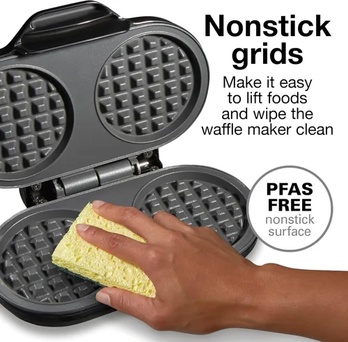 Vista 3 de Proctor Silex - Mini máquina para hacer gofres doble con rejillas redondas antiadherentes de 10 cm, hace 2 gofres Keto personalizados y croquetas