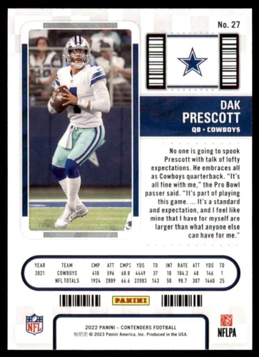 Vista 2 de Billete de temporada de Panini Contenders 2022 # 27 Dak Prescott Dallas Cowboys NFL Fútbol Trading Card