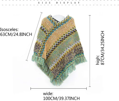 Vista 6 de Bufanda cálida de invierno étnica retro gruesa estilo señoras, capa de chal, sassel, bufanda de color a rayas