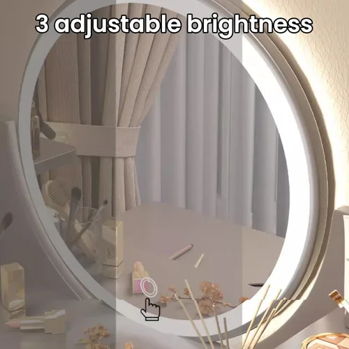 Vista 3 de Mesa de tocador de maquillaje con 3 cajones y 4 estantes, escritorio de tocador con espejo iluminado LED, brillo ajustable de iluminación, mesas
