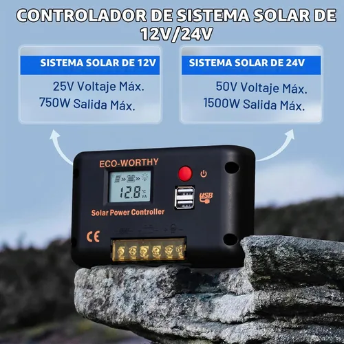 Vista 9 de Controlador de carga solar ECO-WORTHY 30A 12/24V PWM con Bluetooth
