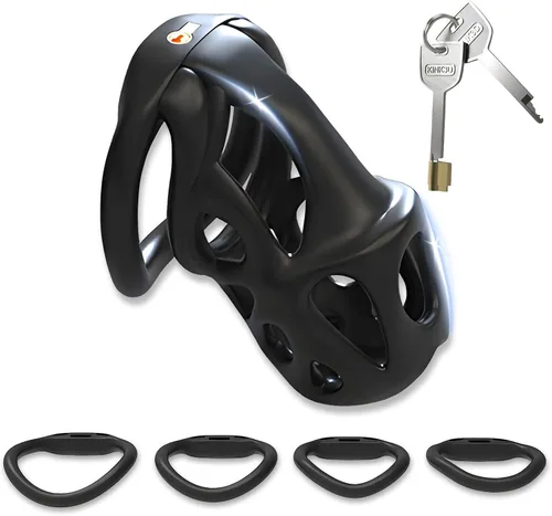 Vista 7 de Jaula de castidad masculina – Jaula de pene con cerradura invisible empotrada con 4 anillos de diferentes tamaños y 2 llaves, juguetes sexuales