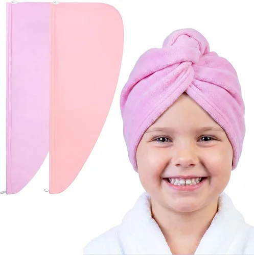 Vista 15 de Basumee Toalla Envolvente de Microfibra para el Cabello para Niños Paquete de 2 Toallas de Cabello de Secado Rápido con Botón Turbantes para Cabello