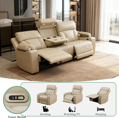 Vista 91 de Juego de sofá reclinable eléctrico, seccional de cuero transpirable beige, juego de muebles de sala de estar, 2 piezas, sofá reclinable eléctrico
