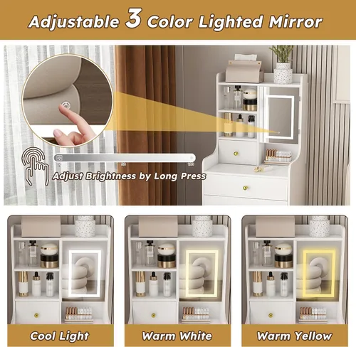 Vista 3 de Runboll - Mesa de Tocador Compacta con Taburete de Almacenamiento y Espejo Iluminado Ajustable, Escritorio de Maquillaje Pequeño 3-en-1 con 4