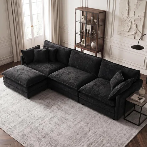 Vista 29 de Sofá individual modular de chenilla con otomana, sofá nube con almohada, color beige