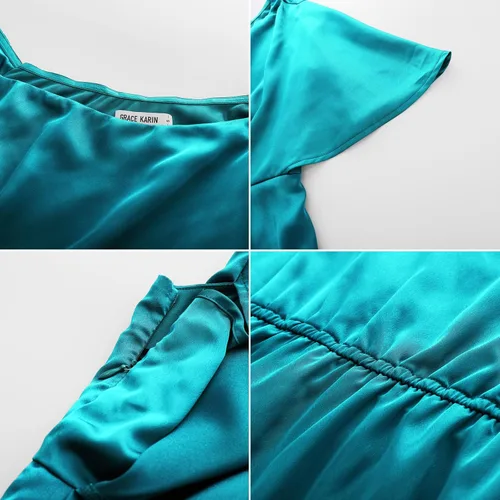 Vista 7 de GRACE KARIN Vestidos de satén con un hombro descubierto para mujer, vestidos fruncidos en línea A, vestidos formales de cóctel para invitados de boda