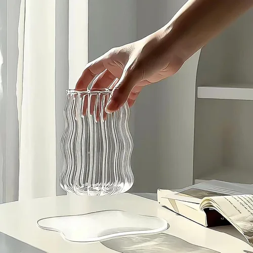 Vista 4 de 4 vasos de vidrio acanalados, cristalería vintage con popote de vidrio, taza de café helado de burbujas de 18 onzas para jugo, té, bebidas, leche