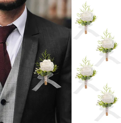 Vista 10 de Garisey Flores Artificiales Rosas Blancas Flores de Muñeca y Boutonniere para Hombres Flores de Boda Ceremonia Baile de Graduación