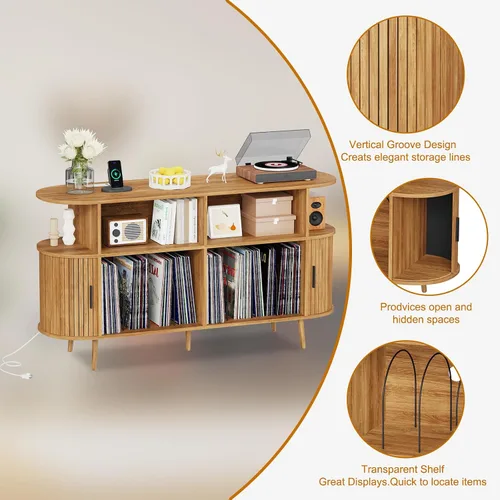 Vista 8 de Mid-Century - Moderno soporte para tocadiscos con carga USB y luces LED, gabinete de almacenamiento de vinilo estriado, capacidad para más de 300