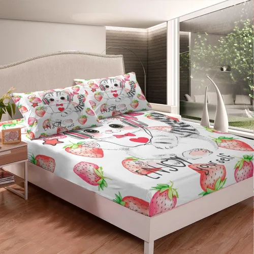 Vista 4 de Erosebridal Lindas sábanas de gato Kawaii fresa tamaño individual para niñas, diseño de arcoíris de dibujos animados, juegos de sábanas y fundas