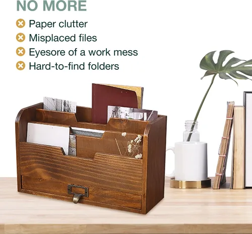 Vista 6 de Organizador de escritorio de madera rústica, clasificador de archivos vertical con 3 compartimentos y 1 cajón de bandeja de papel, madera de caoba