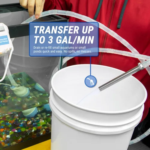 Vista 2 de TERA PUMP - Bomba de agua sumergible para tanque de peces de 12 V con manguera de descarga de 10 pies y entrada de malla filtrada, bomba de drenaje