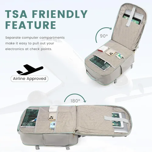 Vista 7 de LOVEVOOK Mochila de viaje grande de 40L para mujeres y hombres, mochila de mano aprobada por aerolíneas, Gris- verde, Mochila de viaje