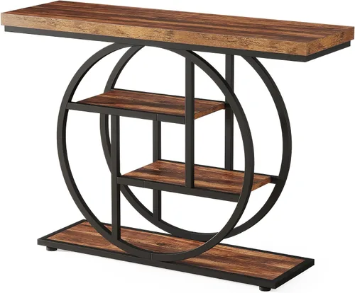 Vista 9 de Tribesigns Mesa de Consola de 41.3", Mesa Industrial de 4 Niveles para Sofá Mesa de Entrada con Base Circular, Mesas de Acento de Madera Estrechas